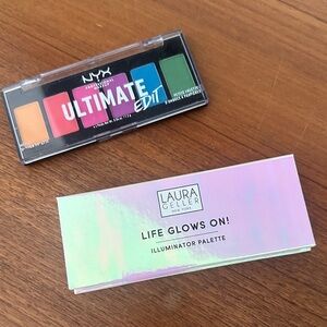 NYX eyeshadow and Laura Geller highlighter palettes
